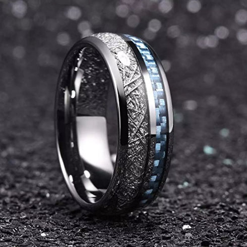 Men's 8mm Tungsten Blue Meteorite Inspired Inlay Comfort-Fit Wedding Band